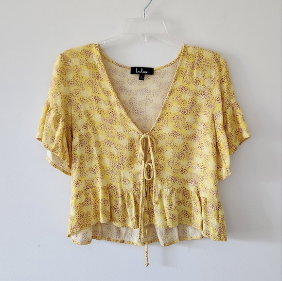 Lulus Breah Floral Print Tie Front Top Yellow Small - Picture 5 of 8